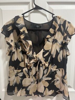 Rails Black & Beige Floral Ruffle Tie-Front Blouse